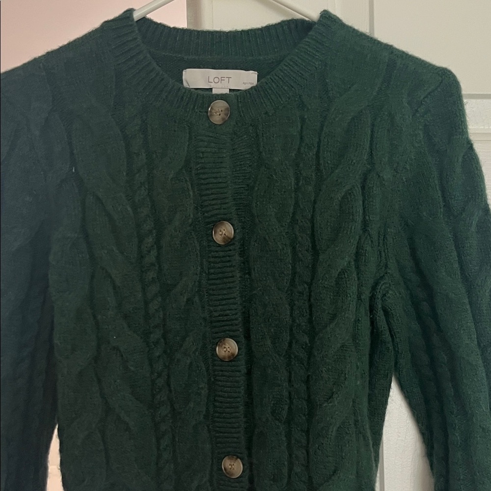 LOFT Dark Green Cable Knit Button Front Cardigan